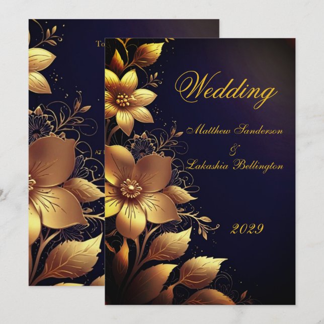 Bröllop Vacker Guld blommor Modern Inbjudningar (Fram/baksida)