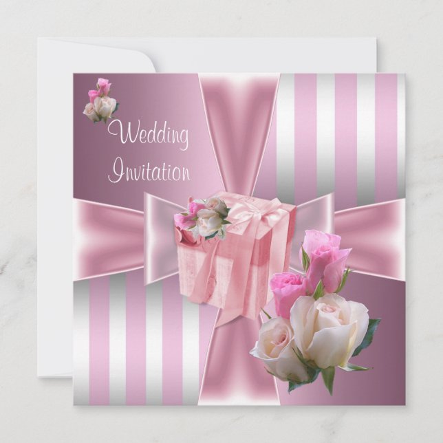 Bröllop Vacker Satin Rosa Silver Rand Båge Inbjudningar (Framsida)