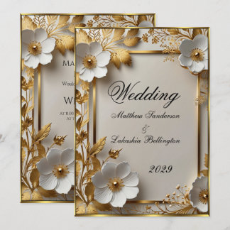 Bröllop vackra Guld vita blommor Modern Inbjudningar