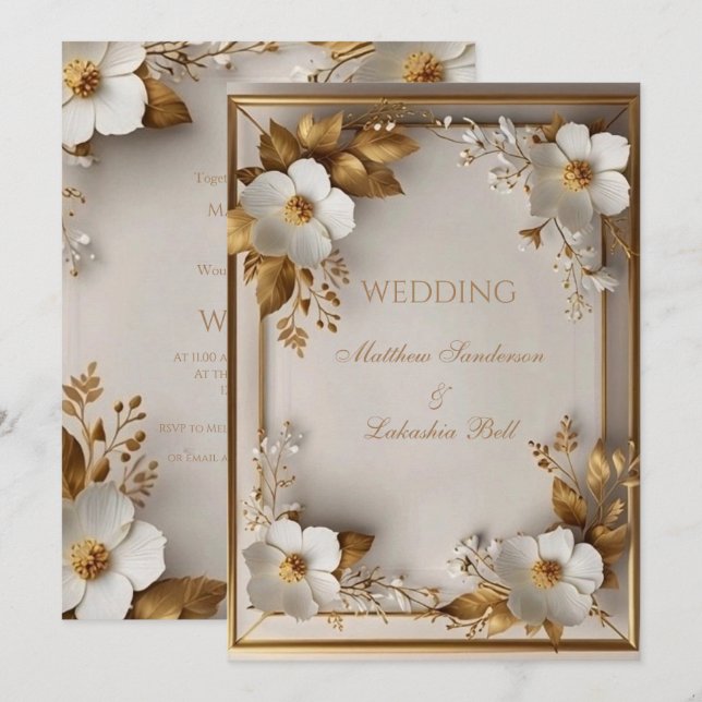 Bröllop vackra vita blommor guld löv inbjudningar (Fram/baksida)