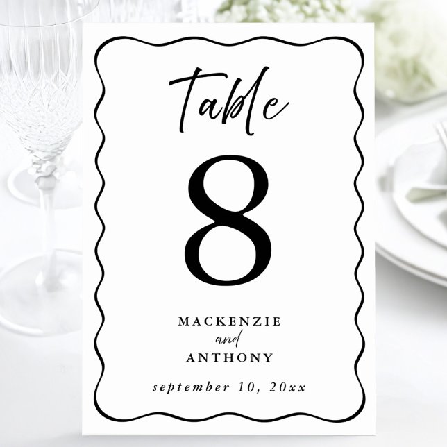 Bröllop Vågigt handskrivet Ram-skript svart Bordsnummer (Wedding Wavy Frame Handwritten Script Black Table Number)
