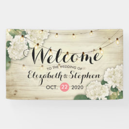 Bröllop Välkommen Banner Wood Flowers String Ljus