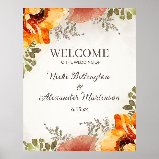 Bröllop Välkommen Bränt Orange Blommig Namn Datum Poster (Framsidan)