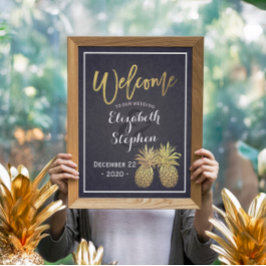 Bröllop Välkommen Guld Pineapple Par Navyblå Poster