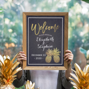 Bröllop Välkommen Guld Pineapple Par Navyblå Poster
