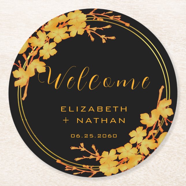Bröllop Välkommen till Classy Luxury Black & Guld  Underlägg Papper Rund (Framsidan)