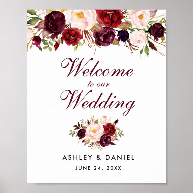 Bröllop Välkommen Watercolor Blommigt Burgundy Poster (Framsidan)