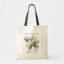 Bröllop välkomst vita magnoliablommor tygkasse