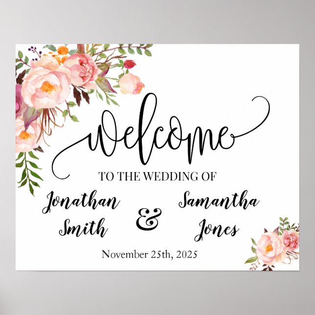 Bröllop välkomstskylt boho chic rosa blommig affis poster (Framsidan)