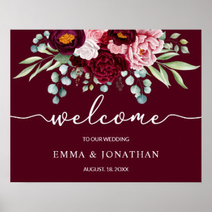 Bröllop Välkomstskylt Burgundy Marsala Blommigt Poster