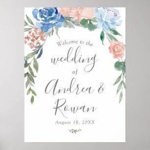 Bröllop Välkomstskylt Dusty Blue och Rosa Blommigt Poster
