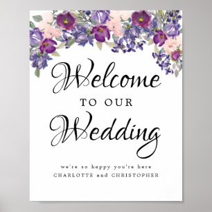 Bröllop Välkomstskylt med Lila och Rosa Flowers Poster