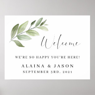 Bröllop Välkomstskylt Watercolor Greenery Poster