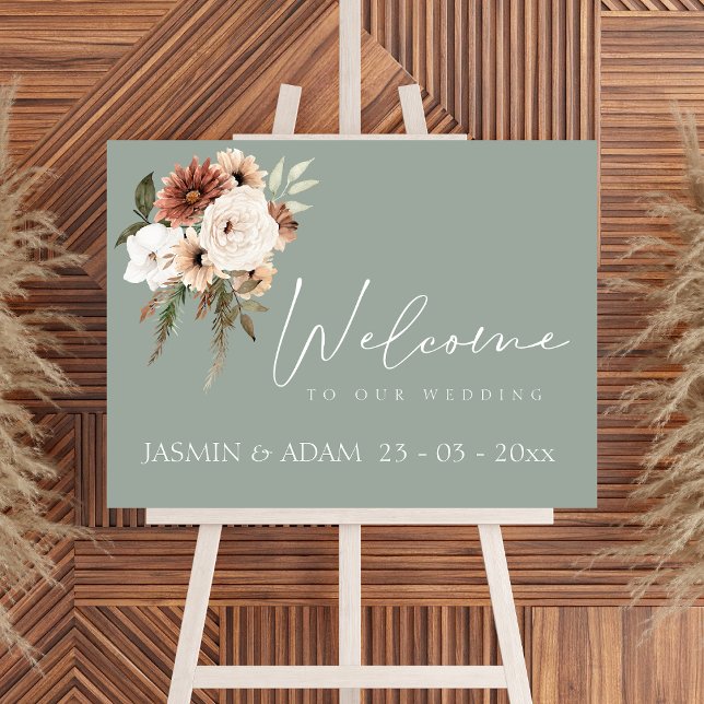 Bröllop välkomsttecken för enkel Grönt Peach Blomm Poster (Rustic Green Peach Floral Wedding Welcome Sign)