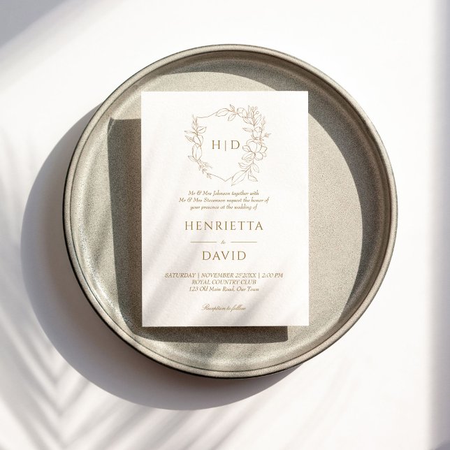 Bröllop vapensköld botaniska guld enkla eleganten inbjudningar (Wedding crest simple elegant botanical gold wedding invitation template instant download)