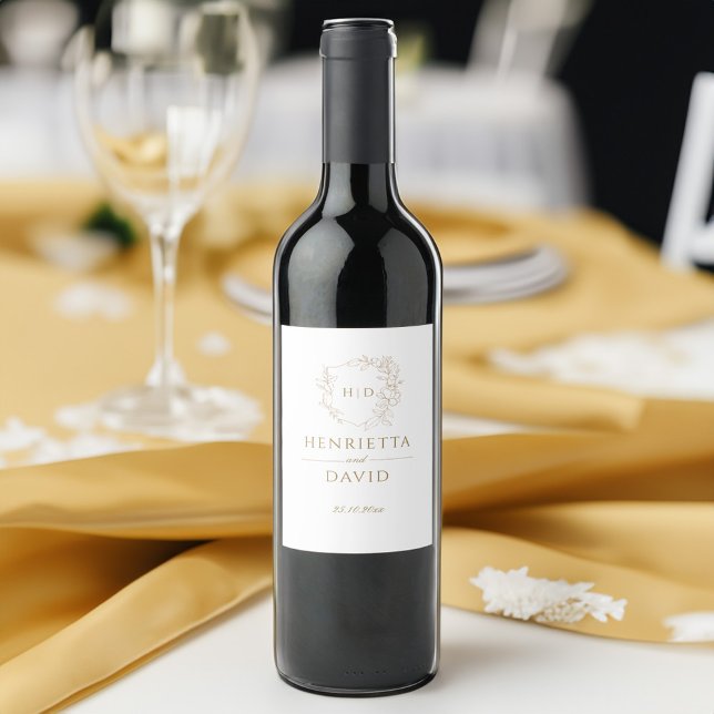 Bröllop vapensköld botaniskt guld elegant monogram vinflaska etikett (Skapare uppladdad)