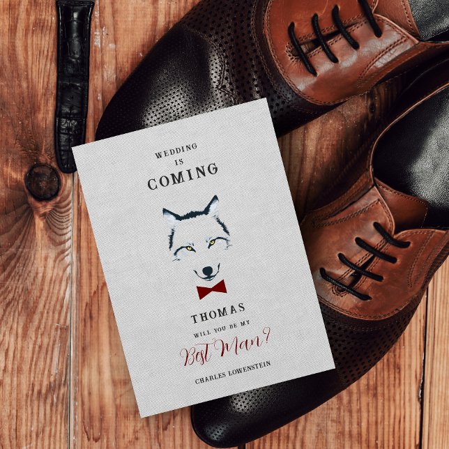 Bröllop Varg Best Man Grått Shades Red Bow Tie (Grey Shades Best Man Proposal Card with Red Bow Tie Featuring Wedding Wolf Design.)