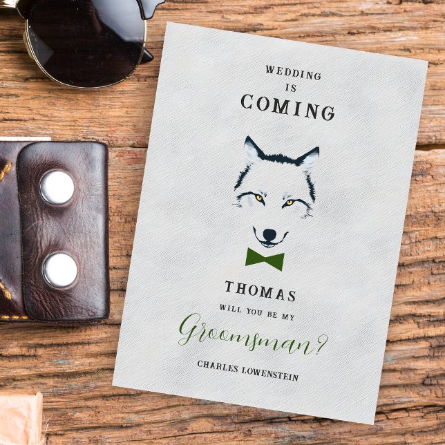 Bröllop Varg Groomsman Grått Shades Grönt Bow (Grey Shades Groosman Proposal Card with Green Bow Tie Featuring Wedding Wolf Design.)