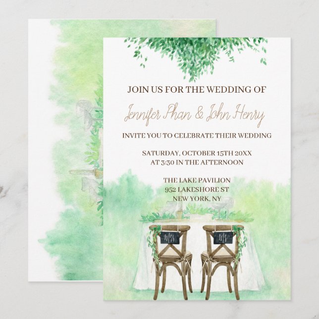Bröllop Vattenfärg med bröllop bord och stolar med Inbjudningar (Fram/baksida)