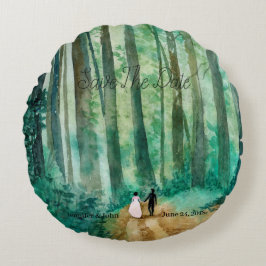 Bröllop Vattenfärgat skogslandskap med handmålad f Rund Kudde