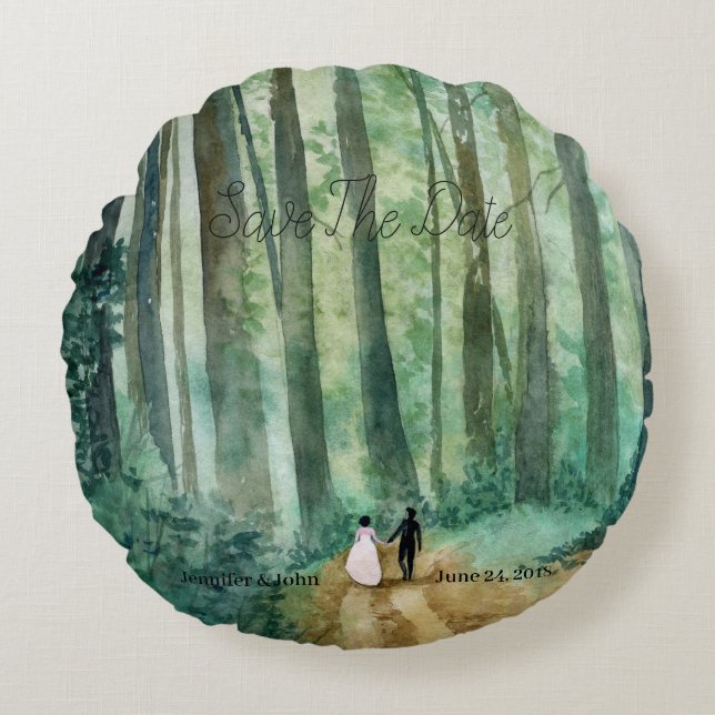 Bröllop Vattenfärgat skogslandskap med handmålad f Rund Kudde (Framsidan)