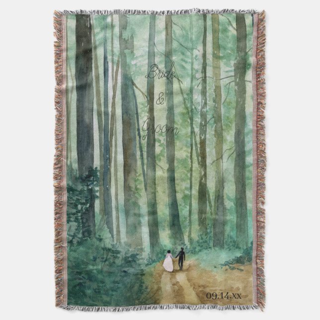 Bröllop Vattenfärgat skogslandskap med skog Filt (Framsidan Vertikal)