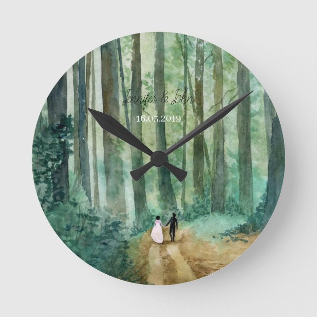 Bröllop Vattenfärgat skogslandskap Rund Klocka (Framsida)