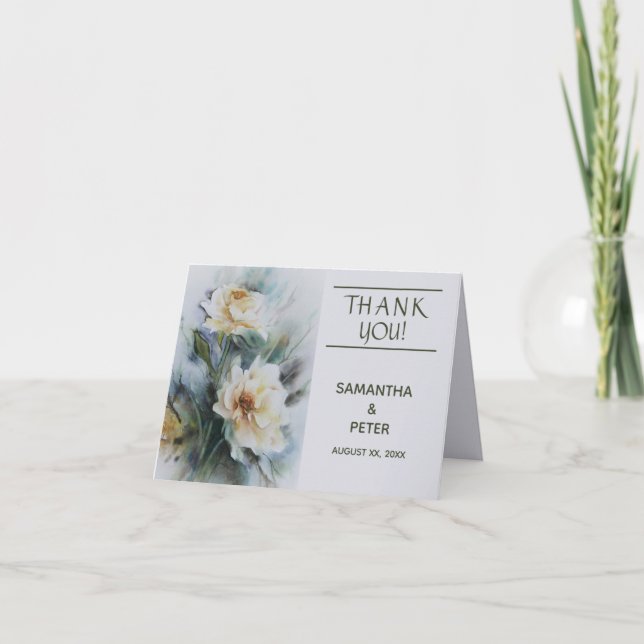 Bröllop, Vattenfärgsfärgad Ro, Sage Grönt, Elegant Tack Kort (Framsida)