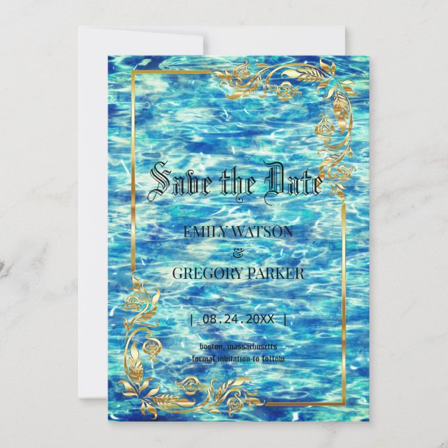 Bröllop vid bassäng, guldram spara datumet (Framsida)