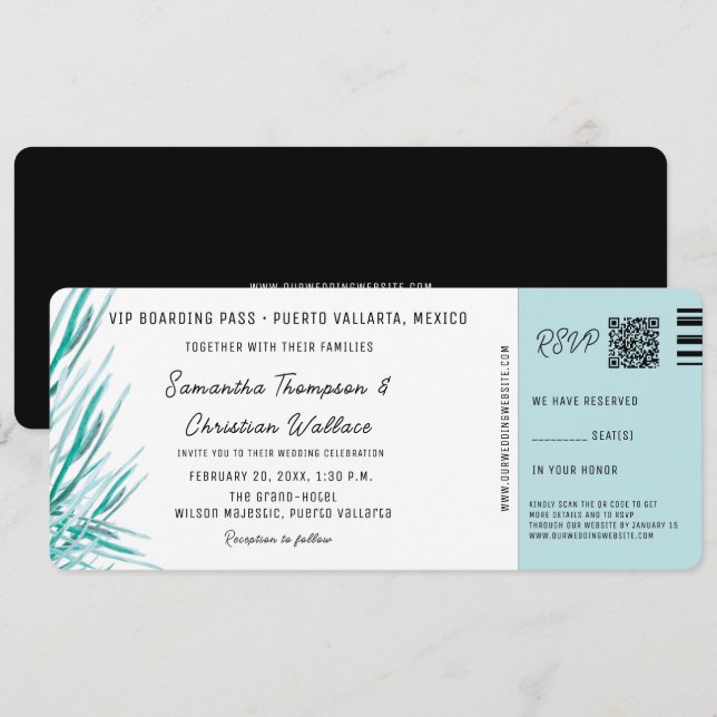 Bröllop vid destinationen Boarding Pass Tropisk pa Inbjudningar (Fram/baksida)