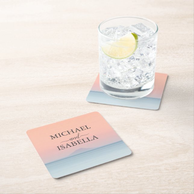 Bröllop vid havet under peachy himlar solnedgången underlägg papper kvadrat (Insitu)