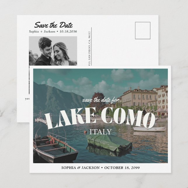 Bröllop vid Lake Como Spara datum Retro Destinatio Vykort (Fram/baksida)