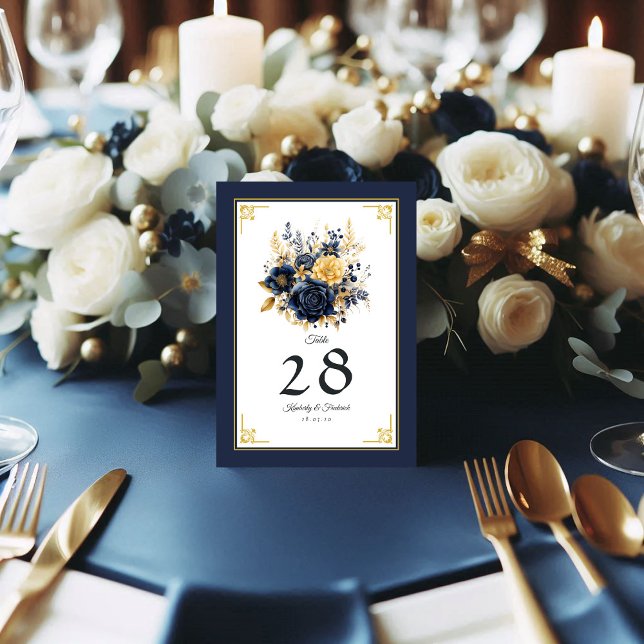 Bröllop vid marinblått och Guld Blommigt Bordsnummer (Navy Blue and Gold Floral Wedding Table Number)