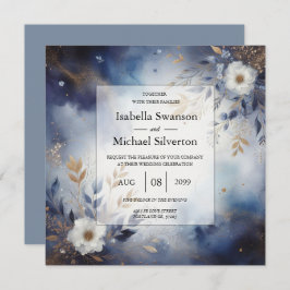 Bröllop vid marinblått och Guld Blommigt Inbjudningar