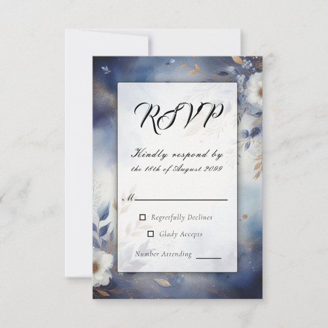 Bröllop vid marinblått och Guld Blommigt OSA Kort (Framsida)