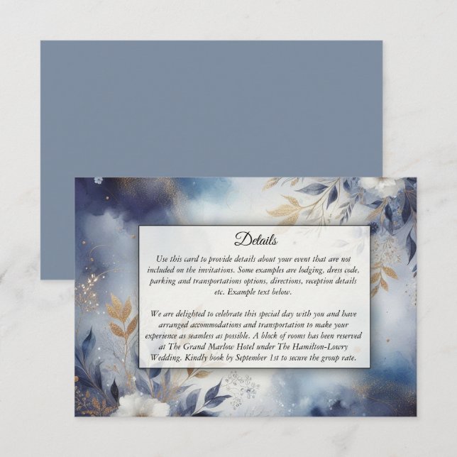Bröllop vid marinblått och Guld Blommigt Tilläggskort (Fram/baksida)