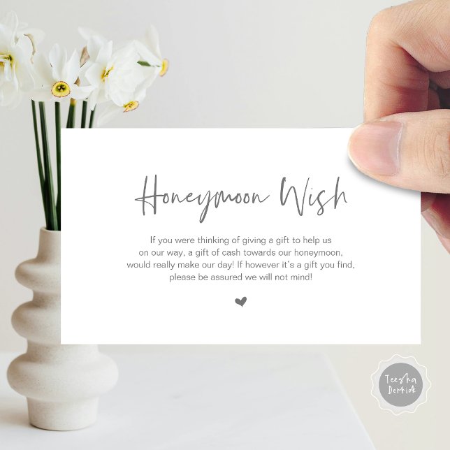 Bröllop Vigslar Lyckaönskningar för Smakfull Enkel Tilläggskort (Honeymoon Wish Enclosure Card, in Modern minimal, casual elegance script, cash fund, in Dark Grey)