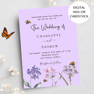 Bröllop vildblommor lavender rosa bi inbjudningar
