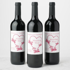 Bröllop Vin-etikett Rosa hjärta och fjärilar Vinflaska Etikett