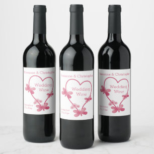 Bröllop Vin-etikett Rosa hjärta och fjärilar Vinflaska Etikett