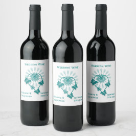 Bröllop Vin-etikett Teal Butterflies Heart Vinflaska Etikett