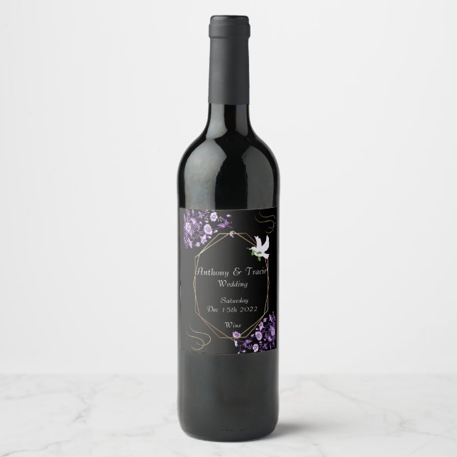 Bröllop Vin-etiketten Lila blommor & Black Vinflaska Etikett (Framsida)