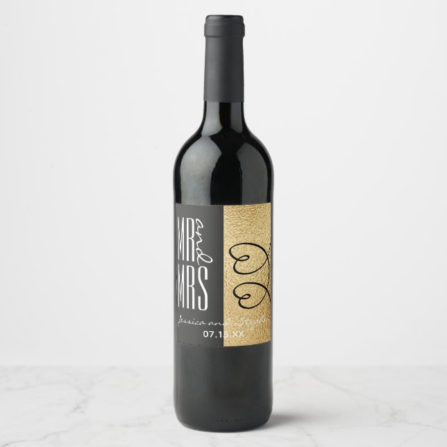 Bröllop Vin Flaska-etiketten Elegant Guld och Hear Vinflaska Etikett (Framsida)