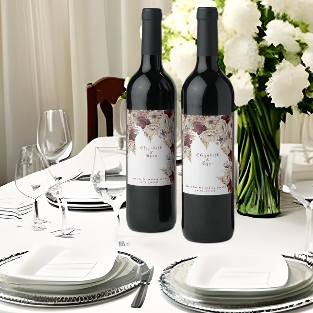 Bröllop Vin White Burgundy Flowers Vinflaska Etikett (Skapare uppladdad)