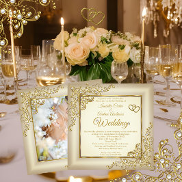 Bröllop Vintage Cream Beige Guld Heart Pearl Photo Inbjudningar