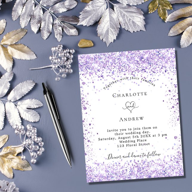 Bröllop violet glitter skript, vit elegant inbjudan vykort (Skapare uppladdad)