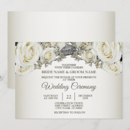 Bröllop Vit Blommig Grönska Beige Elegant Modern Inbjudningar