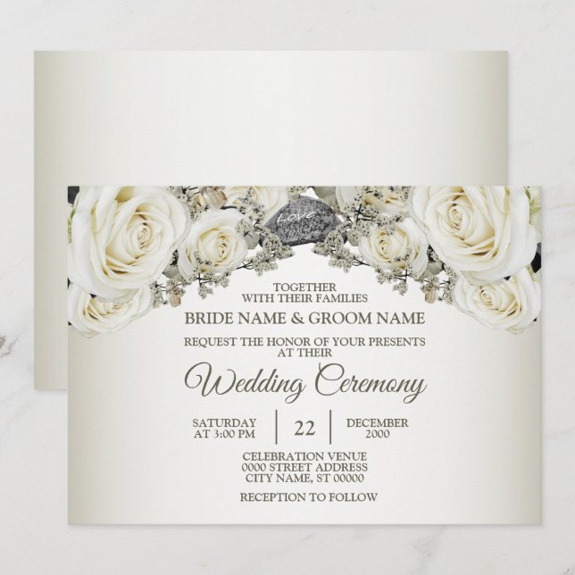 Bröllop Vit Blommig Grönska Beige Elegant Modern Inbjudningar (Fram/baksida)