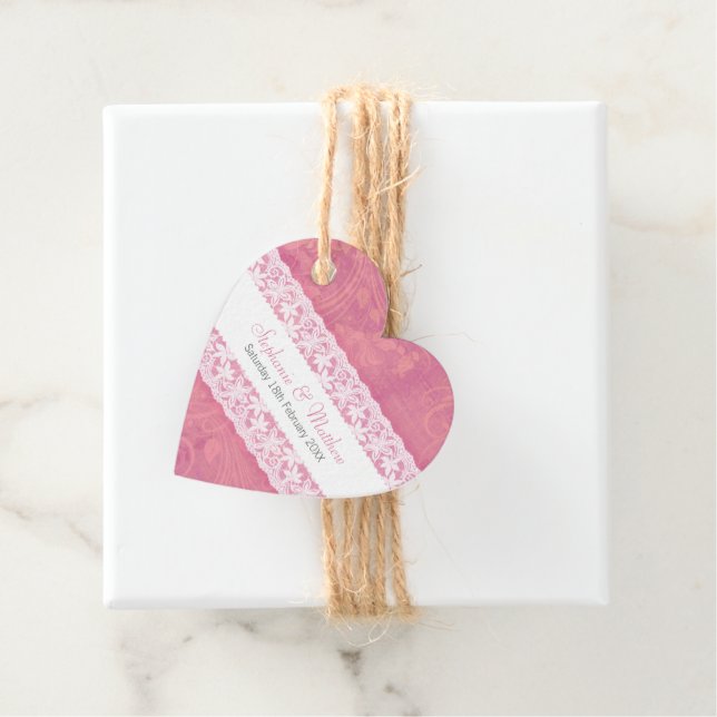 Bröllop vit snöre på laxens rosa gåvor etiketter (På plats)