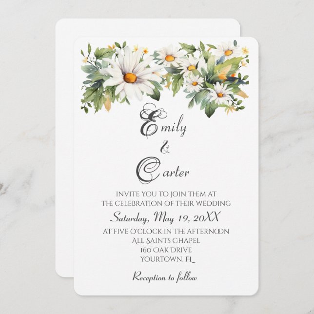 Bröllop Vita Daisy för vattenfärg Inbjudningar (Fram/baksida)